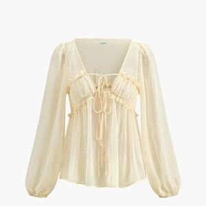 COMMENSE SHEER LONG SLEEVE DRAWSTRING BLOUSE